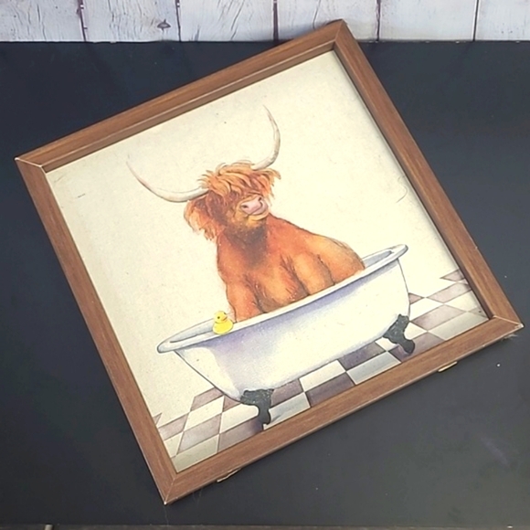 Highland Cow Texas Country Cattle Bathtub Rubber Duck Wood Framed Canvas Print - Picture 12 of 16